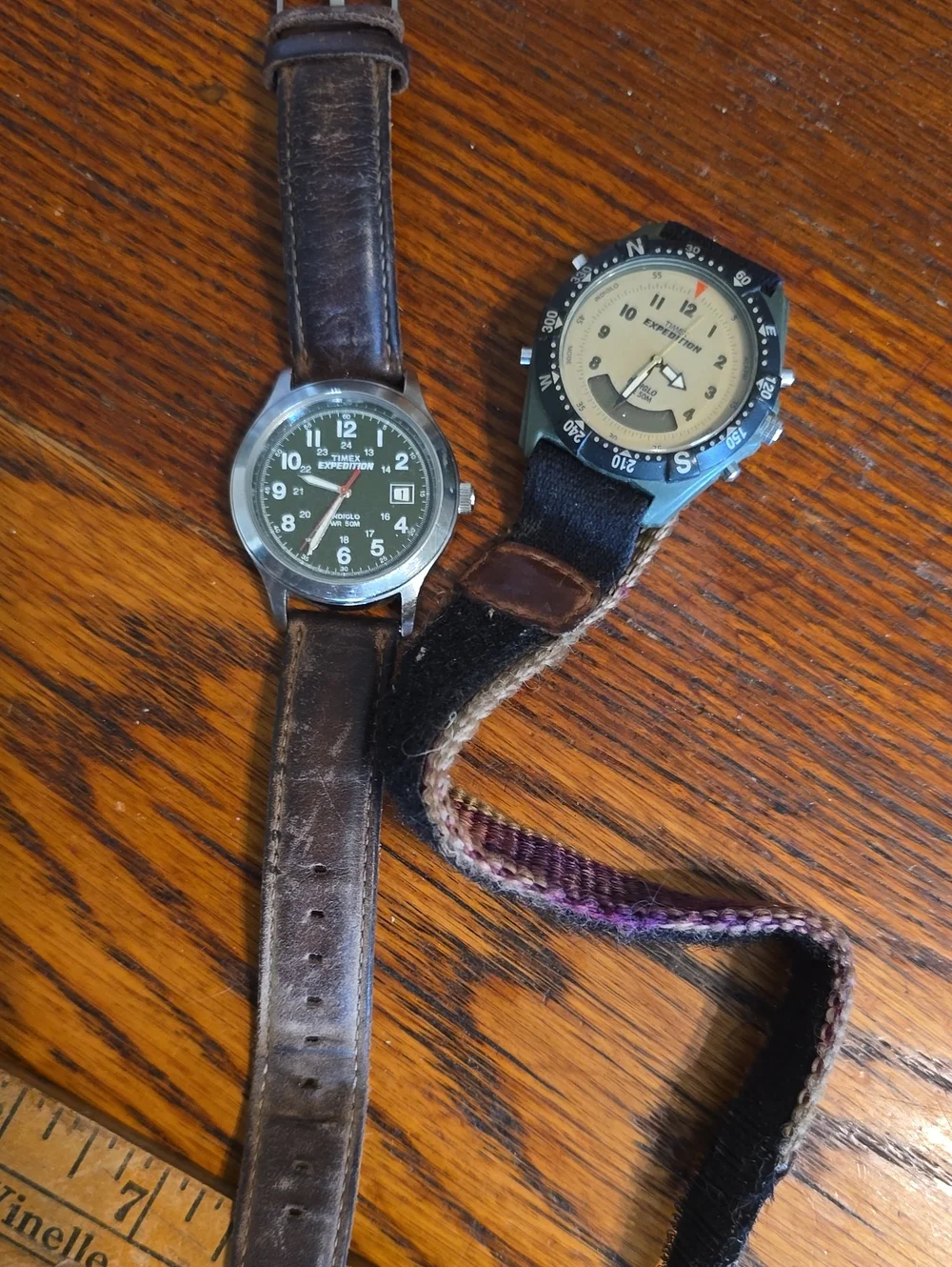 Pair of Vintage Green Dial Wristwatches with Brown Leather Straps
